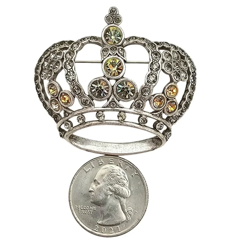 Anne Klein Silver Tone Crown Brooch, Smoky Vitrail Rhinestone Pin Signed, J303